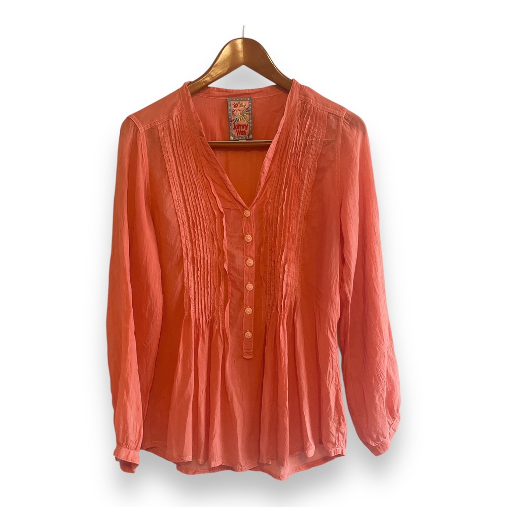 Johnny Was Coral Pintuck Ruffle Blouse Women's Size Small Cupra Rayon